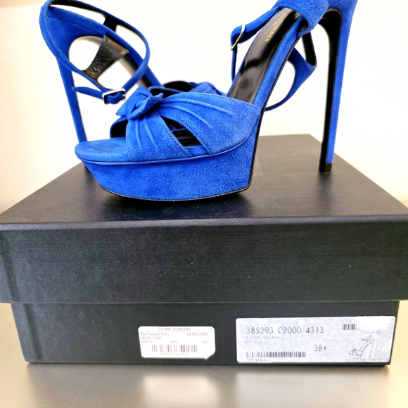 Saint Laurent YSL Blue Suede Platform Stiletto Ankle Strap Buckle Heels EU 38.5 - Picture 2 of 11